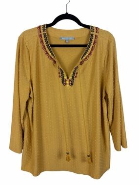 Daniel Rainn Mustard Boho Blouse XL Embroidered Tassel Swiss Dot